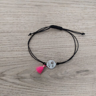 Bracelet noir avec pompon rose fuchsia “Love “